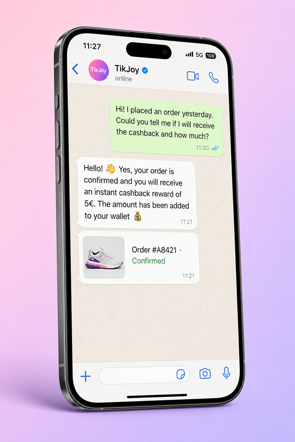 WhatsApp chat between a viewer and a brand started after watching a TikJoy video