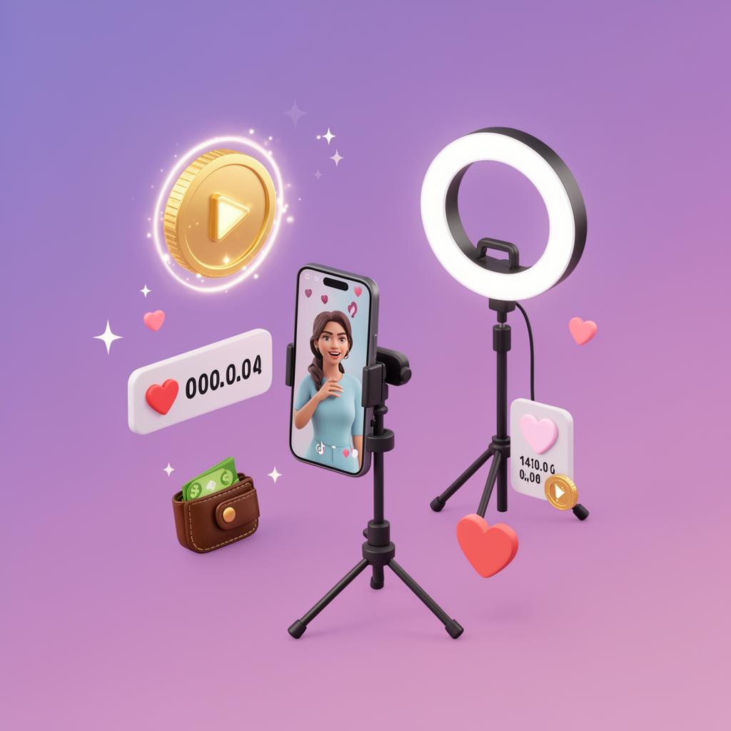 TikTok creator filming a branded video, surrounded by JoyBack rewards, view counters and a wallet receiving payouts