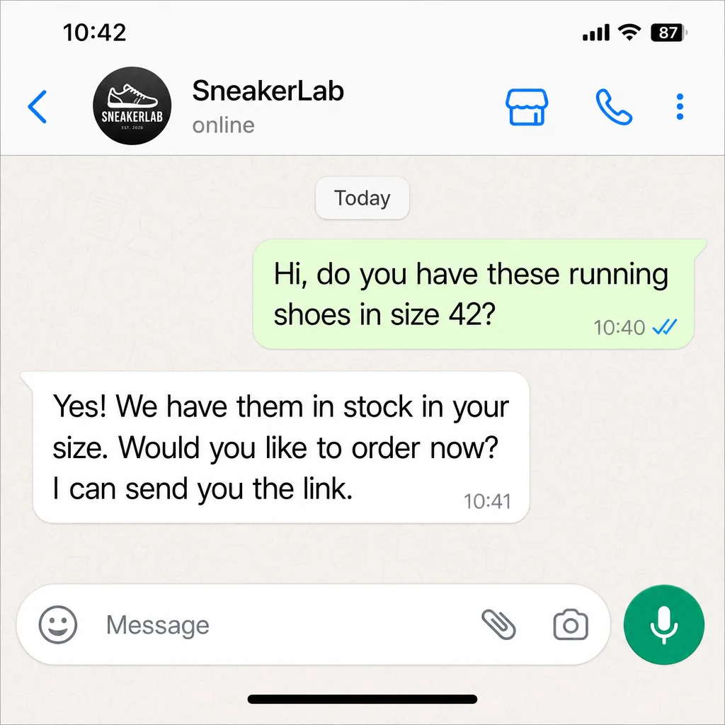 与某鞋履品牌的 WhatsApp 对话：顾客询问一双鞋的情况，AI 管家回复了库存情况和购买链接